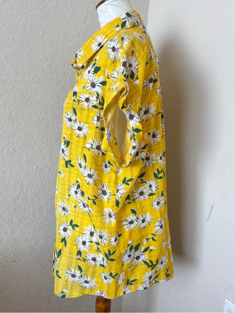 POL Yellow Floral Tunic Button Down Blouse 100% Cotton Boho Short Sleeve Top - Picture 3 of 7